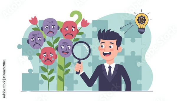 Fototapeta Man with magnifying glass analyzing sad faces on flowers, representing customer feedback and pain points, leading to a bright idea lightbulb with dollar sign, symbolizing business growth and