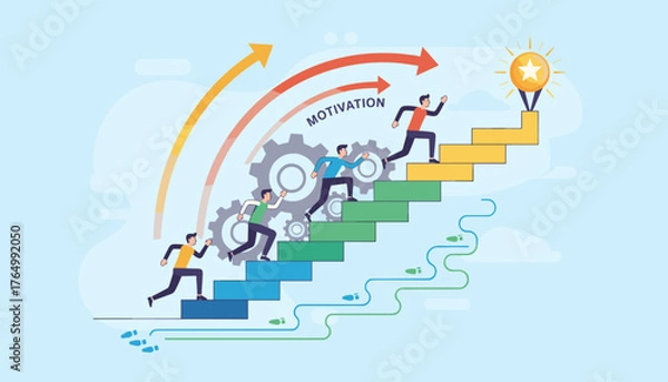 Fototapeta Dynamic illustration of diverse people running up a vibrant staircase towards a shining star goal, symbolizing motivation, progress, teamwork, and achieving success through collective effort and