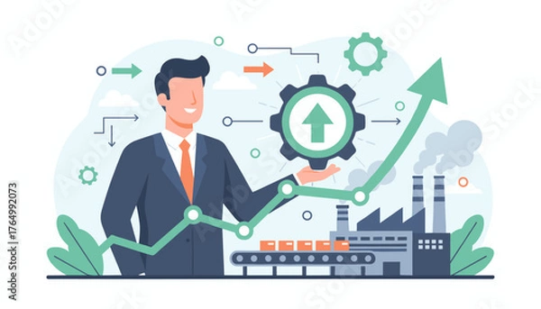 Fototapeta Business growth concept with a smiling businessman in a suit holding a gear with an upward arrow, symbolizing increased productivity and industrial progress, alongside a factory and conveyor belt