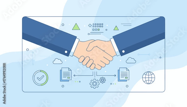 Fototapeta Digital procurement interface with a handshake icon, symbolizing business agreement and partnership, with gears, documents, and global network elements, representing modern transaction and
