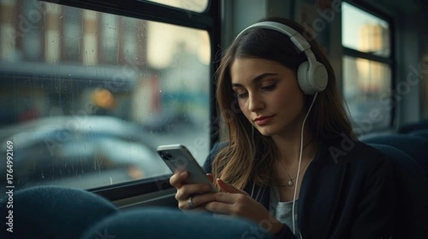 Obraz Pensive woman with headphones using smartphone on bus, rainy window view
