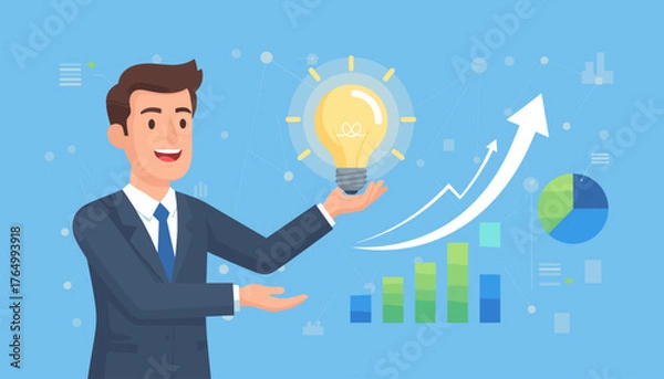 Obraz Smiling businessman in a suit holding a glowing light bulb, symbolizing innovation and creativity, with a background of upward trending graphs, pie charts, and network connections, representing