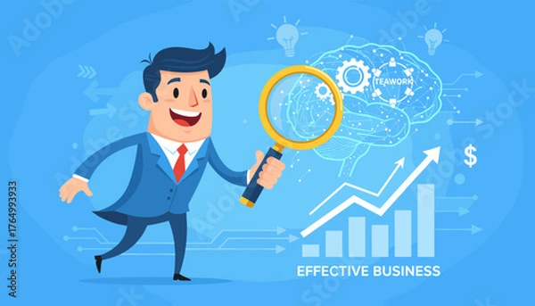 Obraz Dynamic businessman with magnifying glass examining a glowing brain network symbolizing teamwork and effective business strategies, with upward trending financial charts and dollar sign indicating