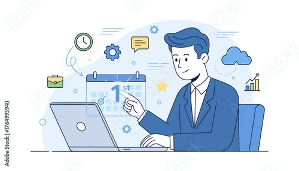 Obraz Businessman scheduling a digital calendar on laptop, planning tasks and appointments, with icons for time, briefcase, cloud, and analytics, representing business planning and productivity in a modern