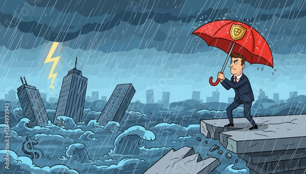 Obraz Determined businessman in a suit holds a red umbrella with a shield symbol, standing on a broken platform amidst a flooded city during a severe thunderstorm with lightning, symbolizing financial