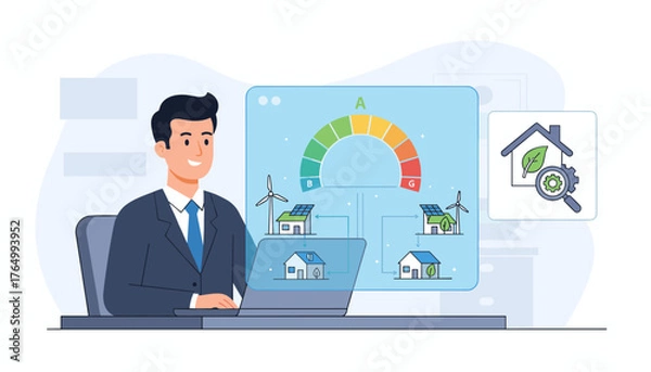 Obraz Businessman using a laptop with a virtual screen displaying an energy efficiency rating chart, renewable energy sources like solar panels and wind turbines powering houses, and a magnifying glass