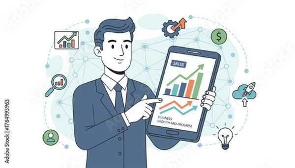 Obraz Businessman holding a smartphone displaying sales growth charts and progress arrows, surrounded by icons representing business analytics, finance, innovation, and teamwork, symbolizing successful