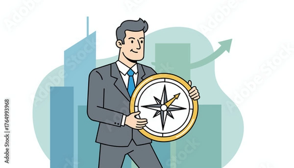 Obraz Confident businessman in a suit holding a golden compass, symbolizing direction and strategy, with abstract modern city buildings and an upward trending arrow in the background, representing business