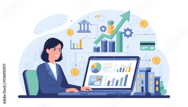 Obraz Businesswoman analyzing financial data on a laptop with charts and graphs, surrounded by icons representing banking, credit cards, and currency, symbolizing economic growth and investment strategies