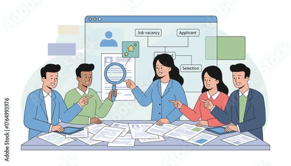 Obraz Diverse team of professionals collaborating around a table, meticulously reviewing resumes and applicant profiles, using a magnifying glass to assess candidates for job vacancy and selection