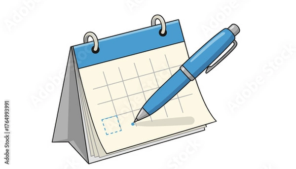 Obraz Close-up illustration of a blue ballpoint pen marking a square on a desk calendar page, symbolizing planning, scheduling, and task management with a clean, modern aesthetic against a white background.