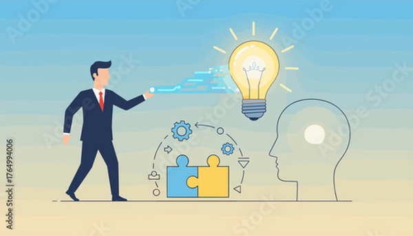 Obraz Business professional connecting digital data streams to a glowing light bulb symbolizing a successful idea generation and innovation, with puzzle pieces and gears representing teamwork and