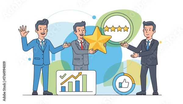 Obraz Three businessmen in suits collaborate to showcase a golden star rating and positive feedback, symbolizing excellent customer evaluation and business success with a graph and thumbs-up icon.