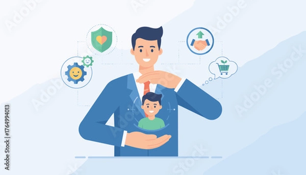 Obraz Conceptual illustration of a businessman protecting a customer, symbolizing customer retention and loyalty. Surrounding icons represent business growth, partnership, security, and customer