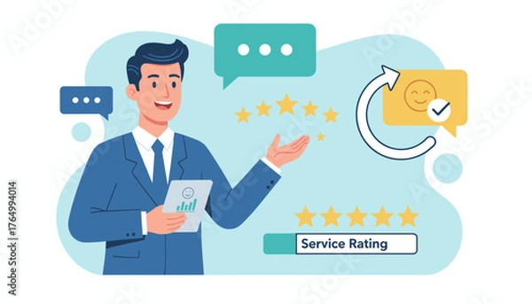Obraz Positive Customer Evaluation and Feedback: A Man in a Suit Presents Service Rating with Stars, Charts, and Chat Bubbles, Illustrating Excellent Customer Experience and Satisfaction in Business