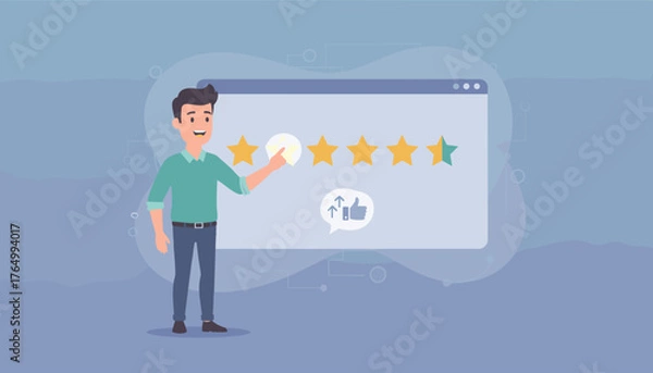 Obraz Casual businessman interacting with a digital interface, selecting a star rating to provide feedback on a customer service experience, with a thumbs up and upward arrows icon indicating positive