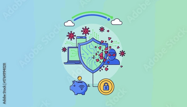 Obraz Cybersecurity concept with a hacker attacking a digital shield protecting devices and a piggy bank, representing data protection and financial security against viruses and online threats, modern flat