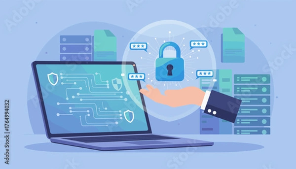 Obraz Cybersecurity concept illustration featuring a hand presenting a glowing padlock symbol, surrounded by abstract digital circuits, password indicators, and server racks, symbolizing data protection