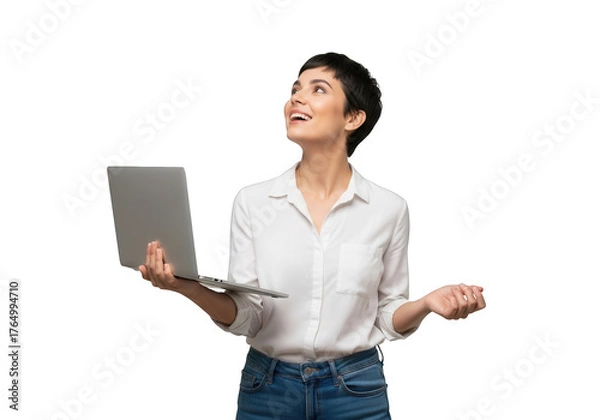 Fototapeta Smiling young woman holding laptop looking up isolated on transparent background