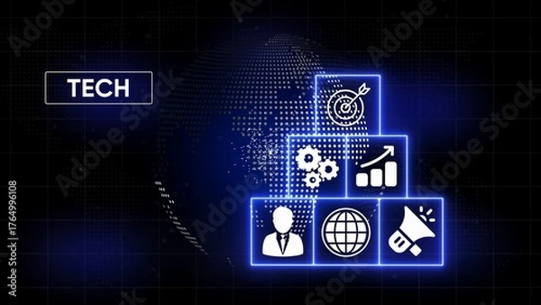 Fototapeta Digital technology infographic with icons for business growth and global connection on dark grid background