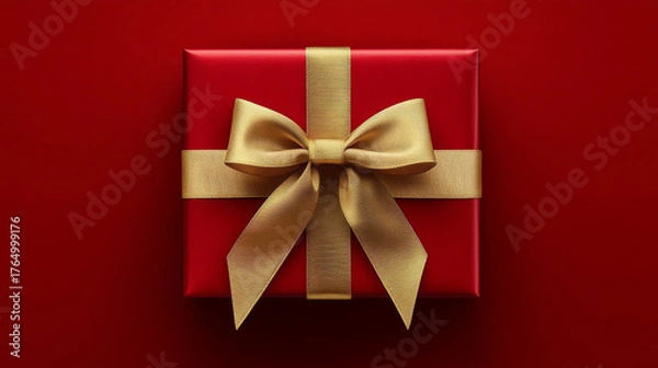 Obraz Red gift box with golden ribbon bow on a red background, top view. Luxury Background for Greeting Card design for Birthday, Anniversary, Christmas, New Year, Valentine's Day