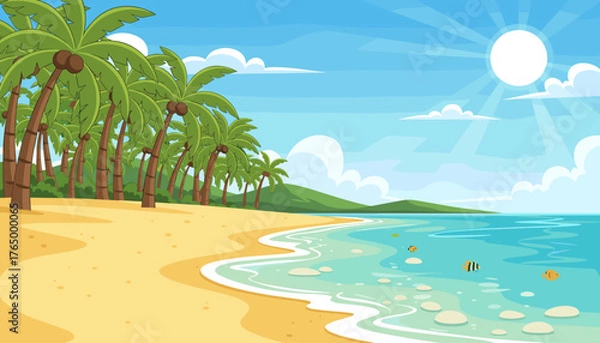 Fototapeta Vibrant cartoon illustration of a pristine tropical beach scene with golden sand, lush green palm trees, clear turquoise ocean water with gentle waves, scattered rocks, and colorful fish swimming