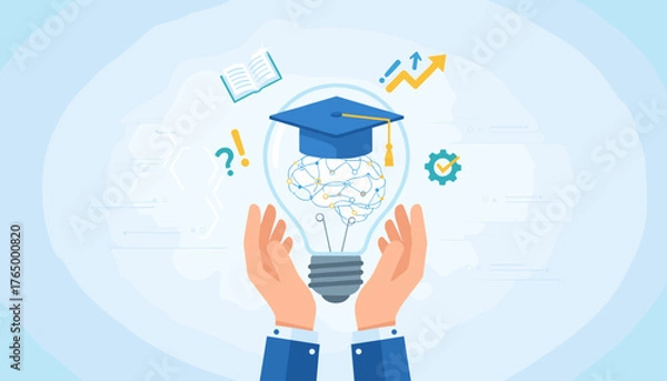 Fototapeta Conceptual illustration of e-learning and graduate certificate programs, featuring a lightbulb containing a brain and graduation cap, held by hands, symbolizing knowledge acquisition and educational