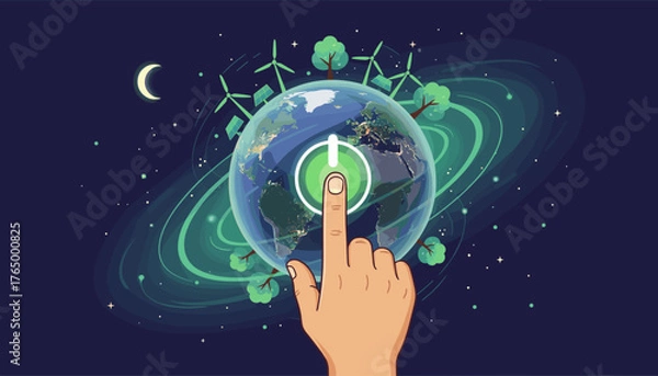 Fototapeta A human finger presses a glowing green power button superimposed on a nighttime view of planet Earth, symbolizing the activation of sustainable energy and environmental consciousness, with wind