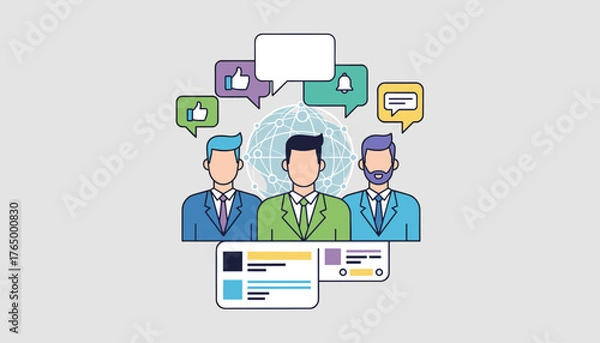 Fototapeta Modern flat illustration of three diverse businessmen in suits discussing social network news and updates, with speech bubbles, likes, notifications, and a global network graphic symbolizing