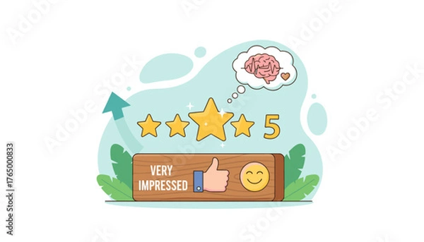 Fototapeta Vivid illustration of a five-star rating system with a thumbs-up icon and a happy face, signifying a positive customer review and excellent feedback, alongside a thought bubble showing a brain with a