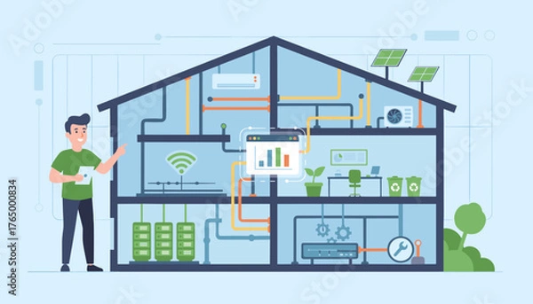 Fototapeta Modern smart home concept illustration, showing a cross-section of a house with integrated technology, solar panels, air conditioning, data servers, and a person interacting with a tablet