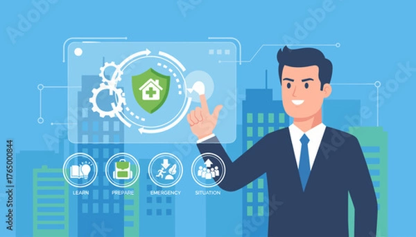 Fototapeta Business professional interacting with a futuristic interface displaying an emergency preparedness plan concept with icons for learning, preparation, emergency response, and team situation