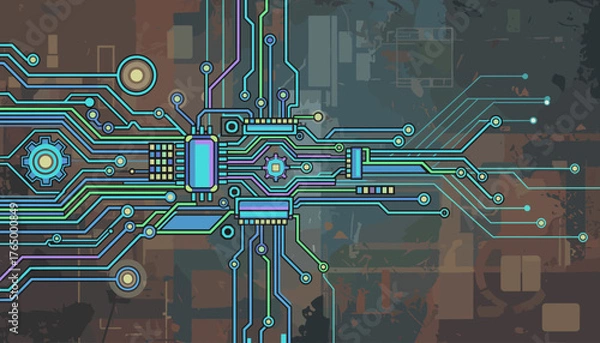 Fototapeta Abstract futuristic electronic circuit board illustration with glowing neon lines and intricate connections, symbolizing technology, data flow, and digital innovation on a textured grunge background