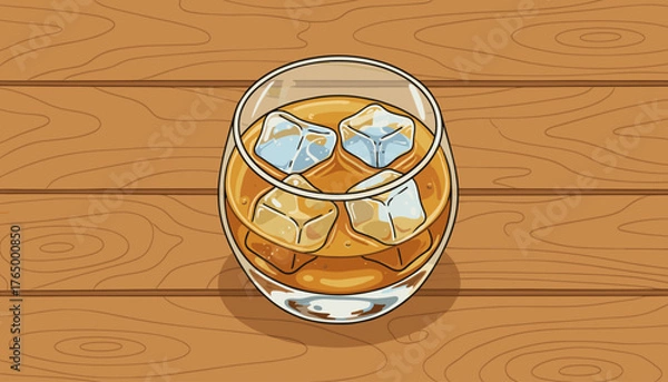 Fototapeta A top-down view of a clear glass tumbler filled with amber-colored whiskey and four ice cubes, resting on a warm, textured wooden surface with visible grain patterns, creating a classic and inviting