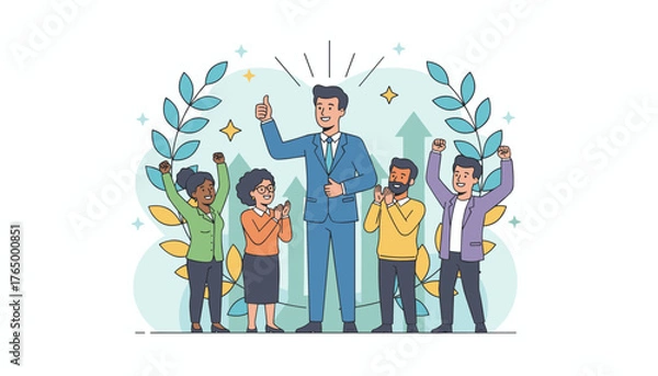 Fototapeta A diverse group of business professionals celebrates success with a leader giving a thumbs-up, surrounded by laurel branches and upward-trending arrows, symbolizing teamwork and achievement in a