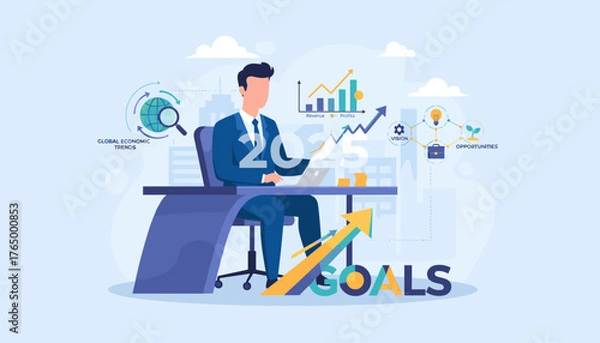 Fototapeta Businessman analyzing global economic trends and business growth charts for 2025 goals, vision, and opportunities, symbolizing strategic planning and future success in a modern office setting with