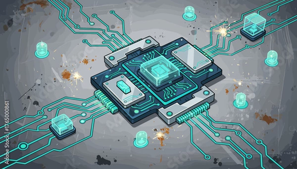 Fototapeta Futuristic electronic circuit board with glowing cyan lines and components, representing technology and data flow, set against a textured, grunge background with sparks and binary code, symbolizing