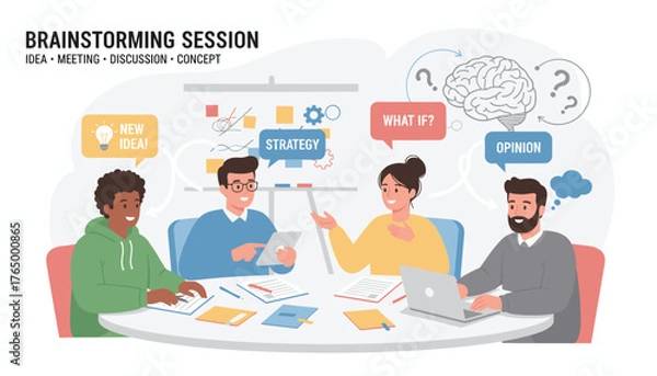 Fototapeta Diverse group of professionals engaged in a dynamic brainstorming session, exchanging ideas, strategies, and opinions around a table, fostering innovation and teamwork in a modern office setting.