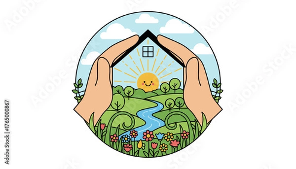 Fototapeta Hands forming a protective house shape over a vibrant, sun-drenched landscape with a smiling sun, a winding river, lush green hills, colorful flowers, and fluffy clouds, symbolizing home, safety