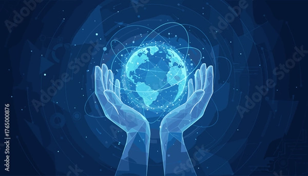 Fototapeta Digital Hands Gently Cupping a Glowing Globe Connected by a Web of Lines and Nodes, Symbolizing Global Network, Technology, and Connectivity in a Dark Blue Futuristic Background with Subtle Circuitry