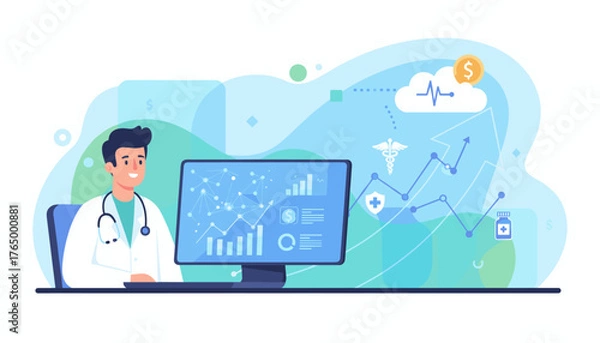 Fototapeta Modern flat illustration of a doctor analyzing healthcare business data and growth graphs on a computer screen, symbolizing medical technology, financial analysis, and digital health solutions with