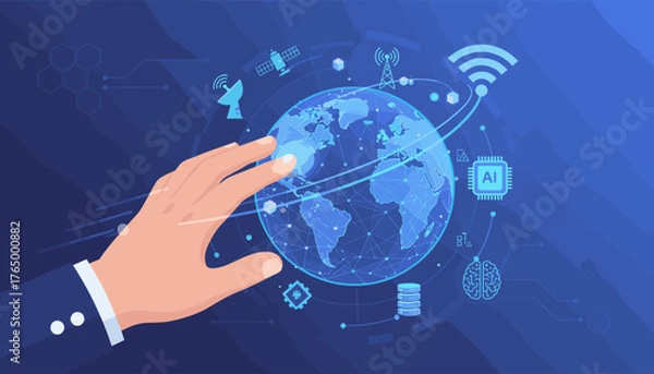 Fototapeta Close-up of a businessman's hand touching a glowing digital globe, symbolizing global connectivity, data networks, and artificial intelligence with icons of satellites, AI chip, brain, and Wi-Fi