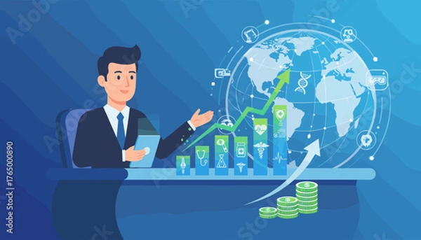 Fototapeta Businessman analyzing global healthcare business growth with digital tablet, showcasing rising financial charts, medical icons, DNA helix, and stacks of coins against a backdrop of the Earth