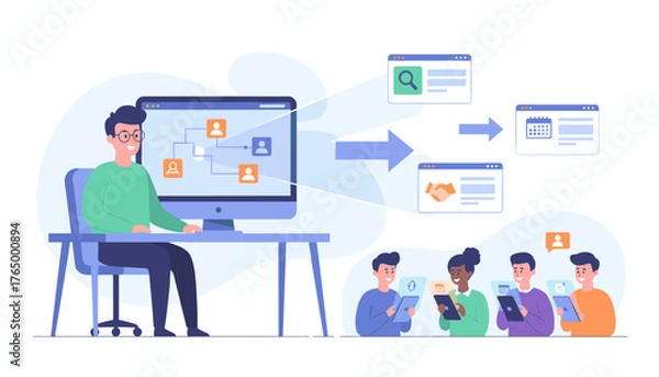 Fototapeta Modern flat illustration of an HR professional using a computer to manage organizational structure and employee relations, with team members collaborating digitally on tablets, symbolizing efficient
