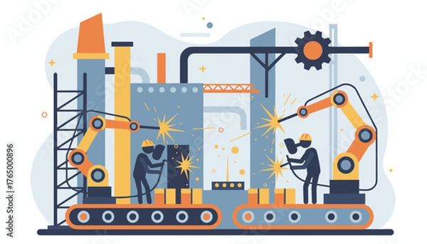 Fototapeta Modern industrial scene with robotic arms and human workers welding on a conveyor belt, set against a backdrop of abstract factory elements, gears, and pipes, symbolizing manufacturing and automation