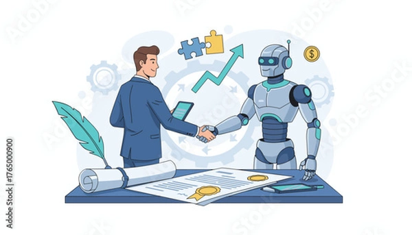 Fototapeta Illustration of a business concept partnership between a human businessman and a robot, shaking hands over a contract with a quill and scroll, symbolizing future technology and collaboration in the