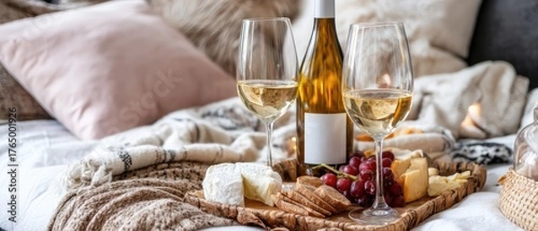 Fototapeta A lovely arrangement of cheese, figs, and grapes beside two glasses of white wine captures a warm and inviting atmosphere in a living room