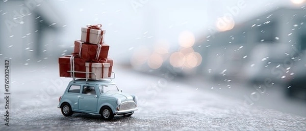 Fototapeta A small blue car carries decorated presents while snow falls gently all around, creating a joyful winter scene during holidays