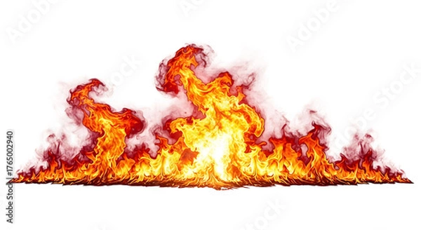 Obraz A wide, intense fire burning with vibrant orange and yellow flames, isolated on transparent background