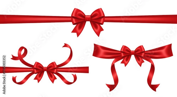 Obraz Collection of three red satin ribbon bows isolated on transparent background